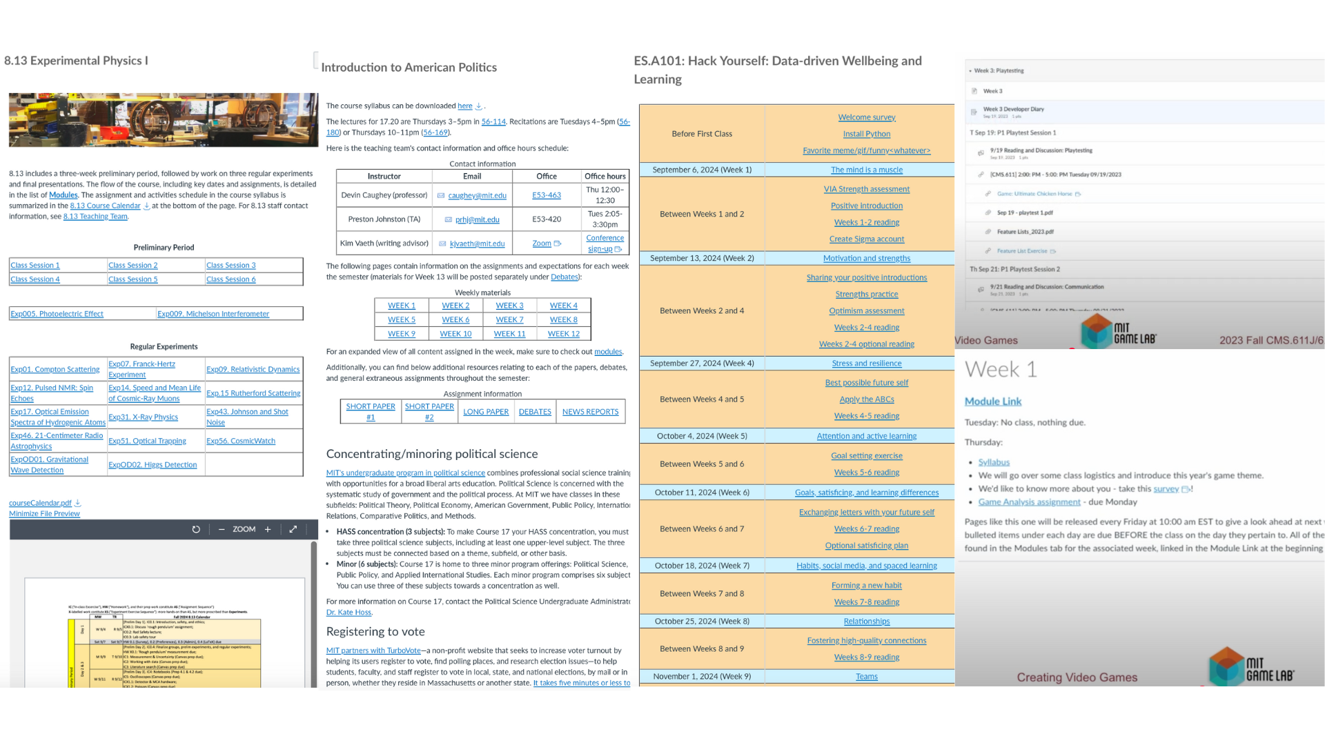 Showing screenshots of Canvas home pages and module pages from MIT across various subjects, to indicate the wide range of ways to organize materials.