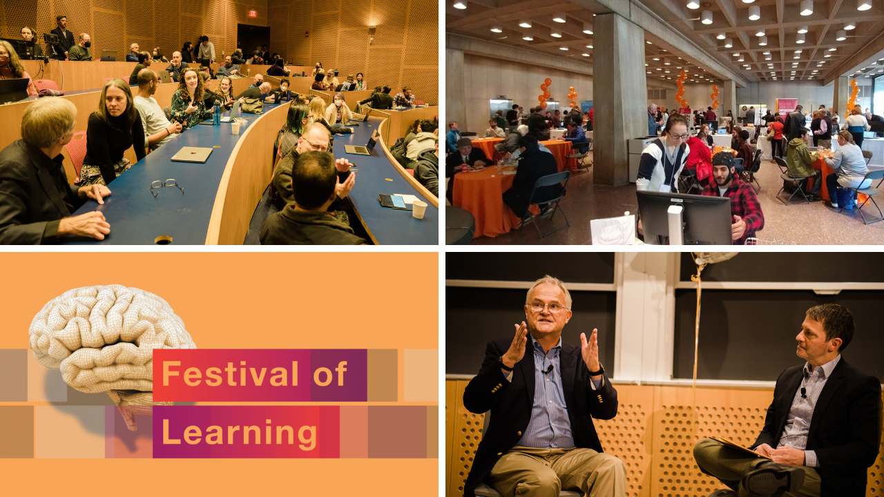 Festival of Learning (clockwise from u-left: Audience in conversation with each other 2023, Expo hall 2017, Bror and Chris in conversation 2023, Festival decorative graphic)