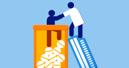 Illustration of a person inside of a prescription bottle of pills and a doctor helping them out