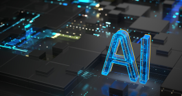 What appears to be a circuit board, with blue lights and the letters "AI" standing out