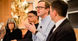 Adam Martin (Biology) speaks to the audience at the Festival of Learning and engages with co-panelists Susan Silbey (Anthropology), Amitava ‘Babi’ Mitra (NEET), and Chris Capozzola (Open Learning / History). Panelists appear to be listening intently to each other.