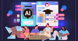 An illustration of students sitting down on their laptops with an AI concept in the background.