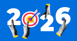 Collage with hands holding up the numbers for the year 2026. The zero is a bullseye target, to indicate hitting new year's goals.