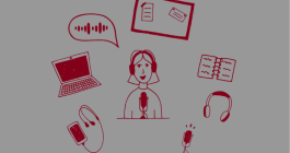 Red illustration of a person wearing headphones in front of a microphone, surrounded by icons representing different learning formats including podcasts, videos, articles, documents, and a mobile device on a gray background.