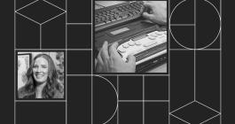 Graphic with headshot photo of Cynthia Bennett and closeup photo of a keyboard and an accesible keyboard.