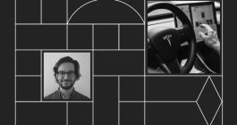 Graphic with headshot photo of Ben Tolkin and photo of a car wheel with a Tesla logo and a hand that's hovering next to it.