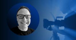 Graphic with a headshot photo of Marcelo Lewin wearing glasses in the foreground and a video camera in the background.