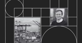 Graphic with headshot photo of Matthias Winkenbach and another photo of a shipyard with dozens of shipping containers and 4 cranes.