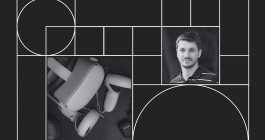 Graphic with headshot photo of Georgios Pappas and another photo of a VR headset and 2 controllers.