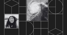 Graphic with headshot photo of Cynthia Zeng and an overhead weather map photo of a hurricane.
