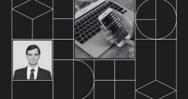 Graphic with headshot photo of Javier Arriaga and a closeup photo of two hands checking stocks on a smartphone in front of an open laptop.