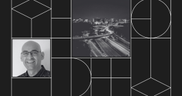 Graphic with headshot photo of Soheil Sabri and photo of a highway with a city skyline in the background.