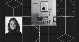 MIT Horizon graphic with headshot photo of Andrea Quiros-Balma and a photo of a living room with a chair, lamp, and side tables and art on the wall.