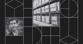 Promotional graphic with headshot of Ignacio Cabrera and a photo of a warehouse shelf stacked with dozens of large cardboard shipping boxes.