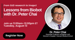 Promotional image for an MIT Bootcamps webinar on Tuesday August 13 at 12:00am - 12:00pm ET titled "From SUD Research to Impact: Lessons from Biobot with Dr. Peter Chai." Graphic includes Chai's headshot photo, his title of Associate Professor at Brigham and Women's Hospital/Harvard Medical School, and a registration button.