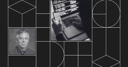 Collage with two photos: on the left, a headshot of Lee McKnight; on the right, someone is working on their cell phone and open laptop.