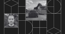 Collage with headshot photo of Tristan Swedish and photo of the rear-view of a car and a box truck on a road.