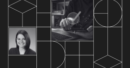 Collage with headshot photo of Rachel Allen and a photo representing cybersecurity.