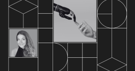 Collage with headshot photo of Catharina Doria and a photo of a robot hand reaching out to a human hand.