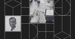 Collage with headshot photo of Ashok Kalidas and a photo of a hands pointing to graphs on a piece of paper next to a laptop displaying more graphs.