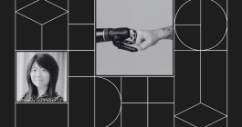 Collage with headshot photo of Faye Wu and photo of a robot hand fist bumping a human hand.