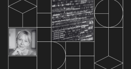 Collage with headshot photo of Aleksandra Przegalińska and photo of a screen displaying code.