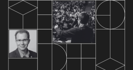 Collage with a headshot photo of David Bray and a photo of a public speaker in front of a crowd.