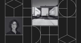 Collage with a headshot photo of Heidi Wyle and a photo of three industrial box trucks.