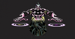 Cartoon of muscly DJ superhero/mutant spinning two records at once