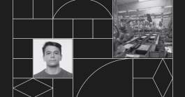 Headshot photo of a man with a background photo of a 3D printer.