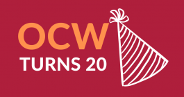 Text: "OCW turns 20" with party hat and decorations