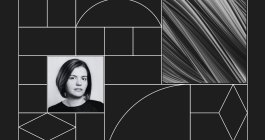 Headshot photo of a business woman with an illustrated background.