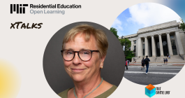 Headshot of Jane Abbott and image of MIT main entrance and MIT Game Lab logo