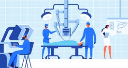 Four doctors overseeing a surgery using computers