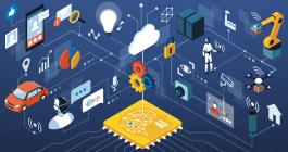 AI computer chip in the center with multiple lines connecting to its applications, such as car self-diagnostics, social media, cloud computing, security, and manufacturing.