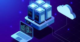 Laptop connected to a local server with a cloud in the distance