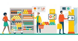 People doing grocery shopping at the supermarket and buying products, they are checking offers using augmented reality apps on their phones and paying with mobile payment