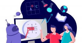 Robot teaches two children with a computer screen