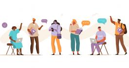 Six people of diverse identities holding laptops, phones, and books