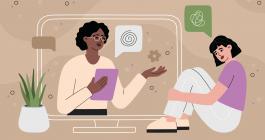 Smiling woman holds a clipboard on a computer screen while saying something soothing. Teenage girl sits next to computer with her arms tucked around her legs, talking about something that has made her uneasy. Image Credit: Alisa Zahoruiko on iStock.