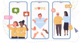 Three phones side by side. First displays two girls volunteering with 3 notifications above them. Second shows the word "hope" above a heard that says "donate" and hands offering money, hearts, and blood. Final phones shows a woman help an elderly man walk with 2 notifications over them.