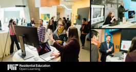 Residential Education team members stand at their tables to display resources and share information about Canvas resources, lightboard, and lecture capture
