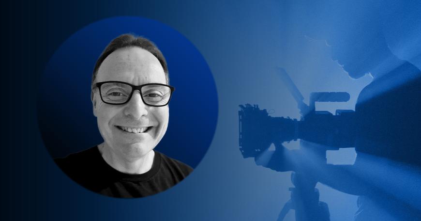 Graphic with a headshot photo of Marcelo Lewin wearing glasses in the foreground and a video camera in the background.