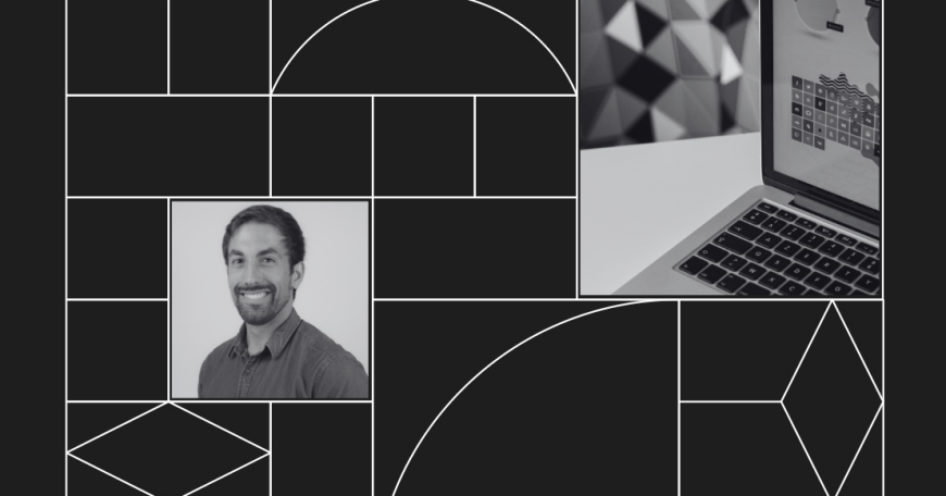 Graphic with headshot photo of Steven Rick and another photo of a laptop.