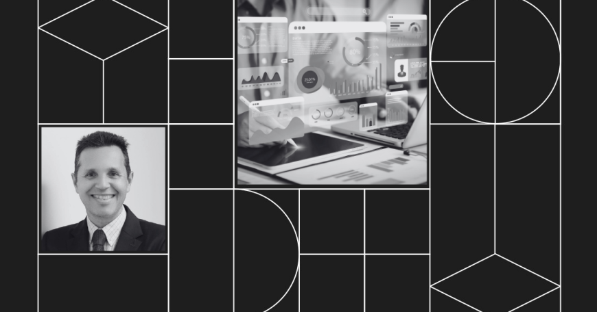 Graphic with headshot photo of João Barros and photo of a tablet with a holigraph displaying charts and graphs.