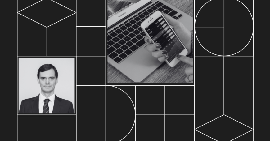Graphic with headshot photo of Javier Arriaga and a closeup photo of two hands checking stocks on a smartphone in front of an open laptop.