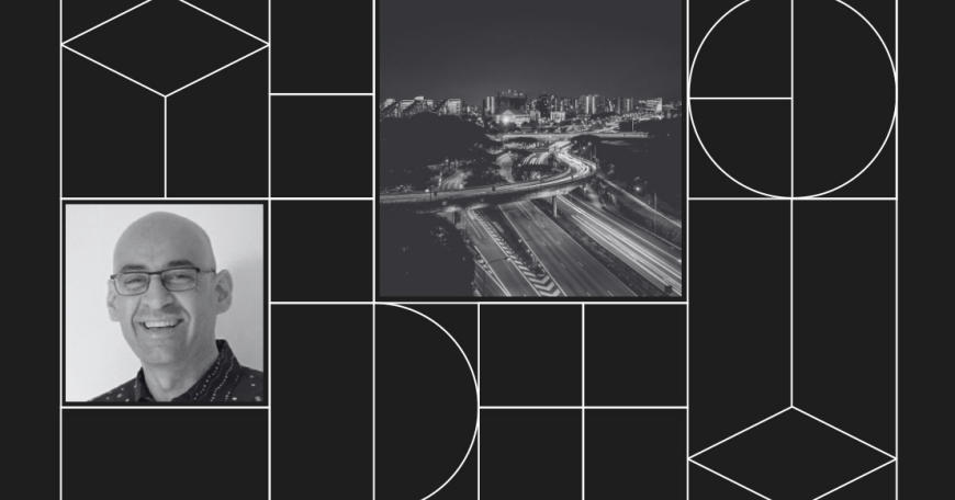 Graphic with headshot photo of Soheil Sabri and photo of a highway with a city skyline in the background.
