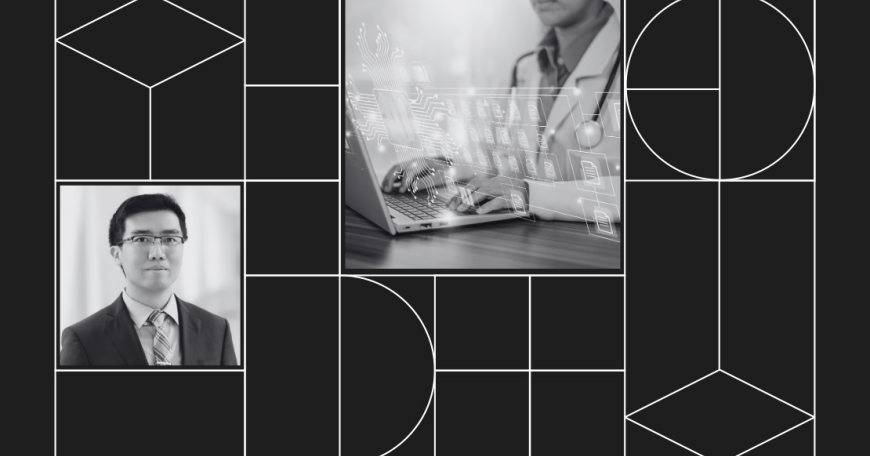 Graphic with headshot photo of Yuan Luo and photo of a person working on a laptop with an illustration of an AI computer chip hovering over the keyboard.