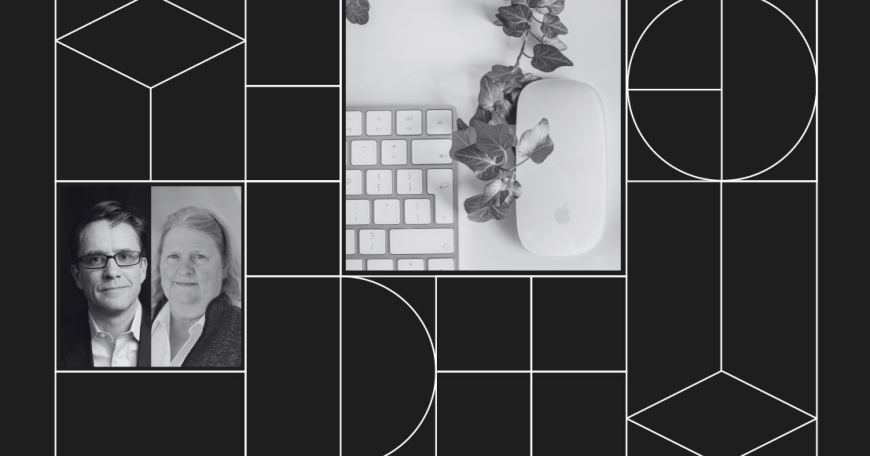 Graphic with headshot photos of Lambert Hogenhout and Rebecca Parsons plus a photo of a keyboard and a mouse.
