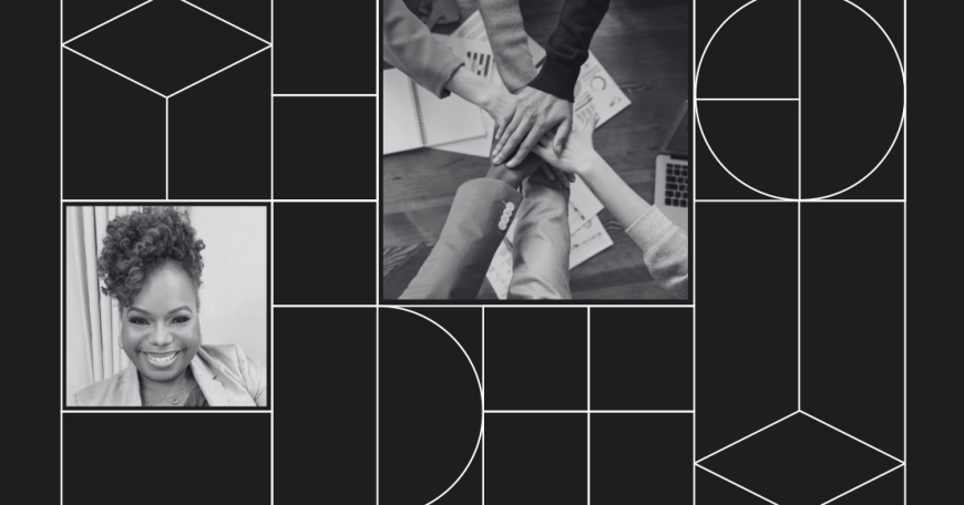 MIT Horizon graphic with headshot photo of Diya Wynn and a photo of 6 hands meeting in the middle of a table with papers and laptops on it.